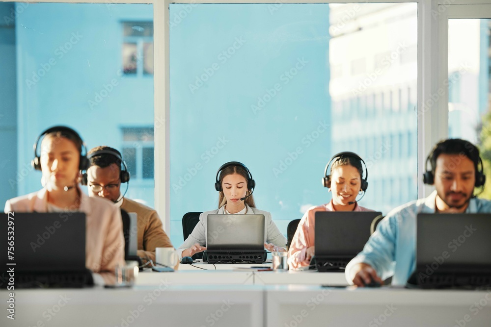 Poster woman, call center team and consulting at laptop in telemarketing, customer service or it support in