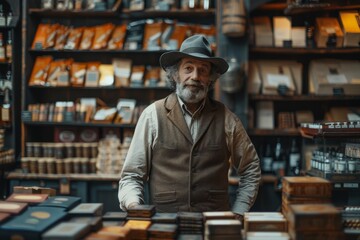 A smiling elder man exudes warmth and friendliness in a well-stocked vintage shop - obrazy, fototapety, plakaty