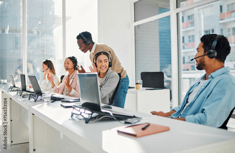 Aufkleber call center, computer training and people or manager with technical support, system management and o