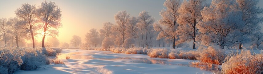 Winter landscape with trees covered with hoarfrost. Panorama