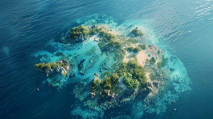 A dynamic aerial view of a coral atoll, with intricate reef formations beneath clear blue water. - obrazy, fototapety, plakaty