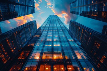 Looking up at towering skyscrapers glowing with interior lights as they reach into a vibrant sunset sky