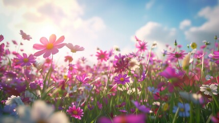 A field of cosmos flowers, their vibrant colors harmonizing in a mesmerizing dance beneath the open...