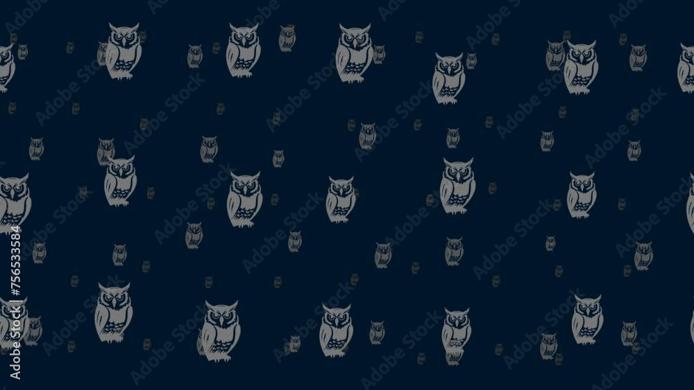 Poster owl symbols float horizontally from left to right. parallax fly effect. floating symbols are located