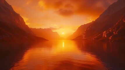 A fiery orange sunset over a tranquil lake surrounded by towering mountains.