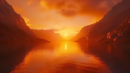 Fototapeten A fiery orange sunset over a tranquil lake surrounded by towering mountains. © Dave