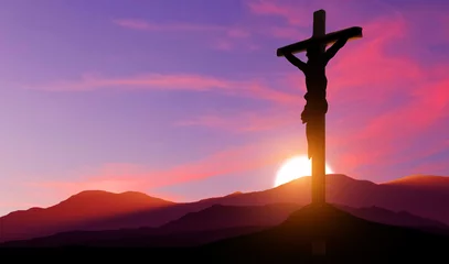 Fotobehang Crucifixion of Jesus Christ. Cross at sunset. 3d illustration © arsenypopel