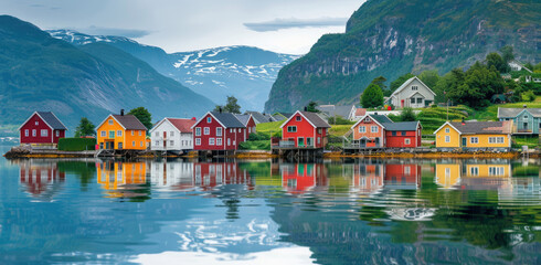 A row of colorful houses along the shore, with mountains in the background and a lake reflection. Norway landscape photography in the style of natural lighting, with high definition details