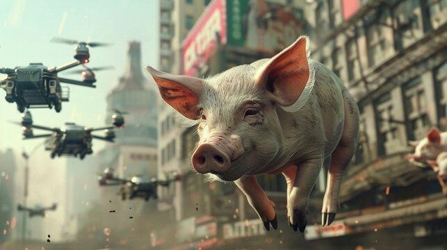An futuristic interpretation of flying pigs accompanied by robotic drones in a futuristic urban skyline 3D style