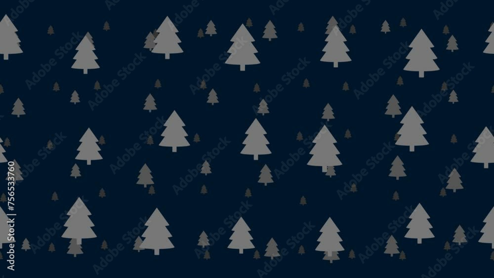 Poster fir-tree symbols float horizontally from left to right. parallax fly effect. floating symbols are lo