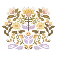Postcard or poster made from folk art elements. Folk flora and fauna vector illustration isolated on white background. Hand drawn folk flowers. Scandinavian traditional motif