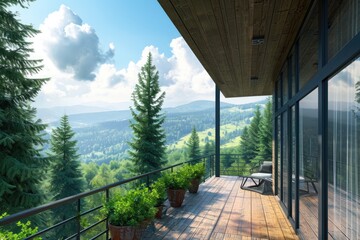Scenic View from Wooden Terrace: Serenity of Nature Beauty in 3D Render