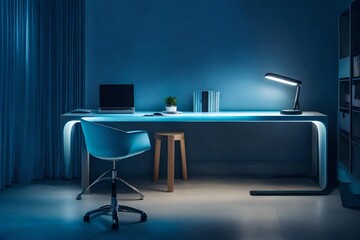 study with desk, chair, illuminated by the soft blue light of a desk lamp
