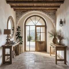 Fototapeta na wymiar Rustic Farmhouse Entrance: Wooden Arched Door and Console Table in Mediterranean Hallway with Stone Tiled Floor