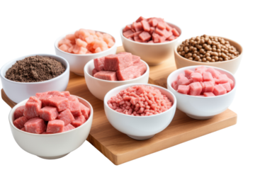 Various forms of agricultural protein such as cubes, minced pork and minced chicken are placed in bowls and lined up on wooden tables. Highlighted variety isolated on transparent background.