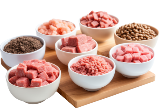 Various forms of agricultural protein such as cubes, minced pork and minced chicken are placed in bowls and lined up on wooden tables. Highlighted variety isolated on transparent background.