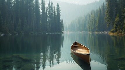 A lone canoe gliding across the glassy surface of a calm lake surrounded by towering pine trees. - obrazy, fototapety, plakaty