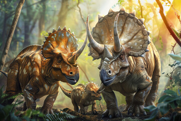 Triceratops family in nature - obrazy, fototapety, plakaty
