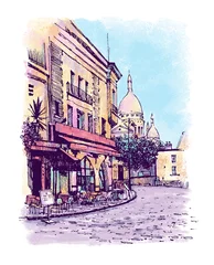 Rolgordijnen Architecture sketch illustration. An urban colorful landscape of street cafe in Paris, France, Europe. Freehand digital drawing, graphic painting. Hand drawn travel postcard. Banner, poster design. © Catherine