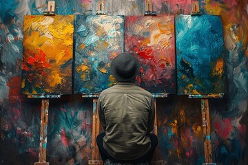 An artist in contemplative stance observes his vibrant abstract paintings, reflecting personal...