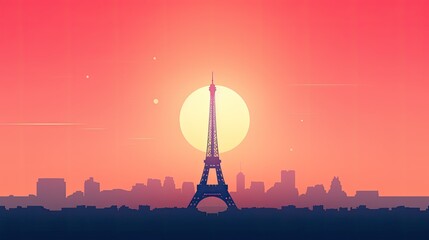 Eiffel Tower at Sunrise or Sunset Background. Paris City Vector Illustration, Minimalist Wallpaper, Travel Poster, or Flyer Design - obrazy, fototapety, plakaty