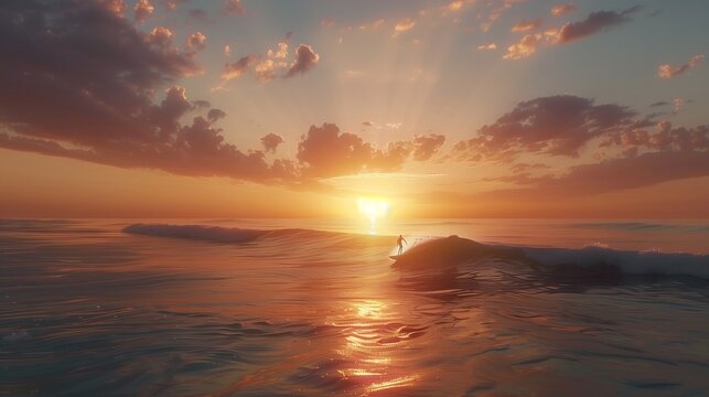 A lone surfer riding a perfect wave towards a stunning sunset on a deserted beach.