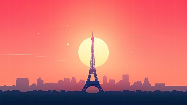 Eiffel Tower at Sunrise or Sunset Background. Paris City Vector Illustration, Minimalist Wallpaper, Travel Poster, or Flyer Design