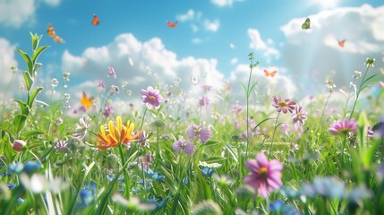 A lush green meadow with wildflowers in bloom, buzzing with butterflies and bumblebees on a sunny summer day.