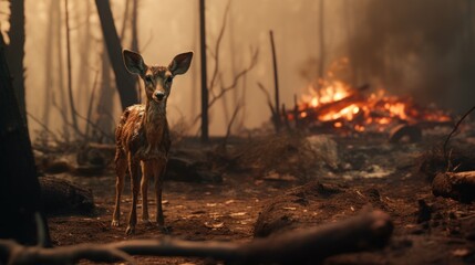 Deer on a background of burning forest. animal in the midst of fire and smoke, protect the environment, copy space
