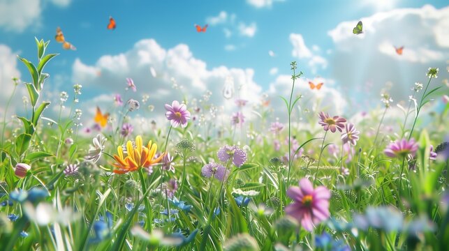 A lush green meadow with wildflowers in bloom, buzzing with butterflies and bumblebees on a sunny summer day.