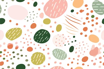 Muurstickers flat design abstract shape, dot, dashed line, watercolor on white background, spring pastel color palatte, seamless patern © The Origin 33