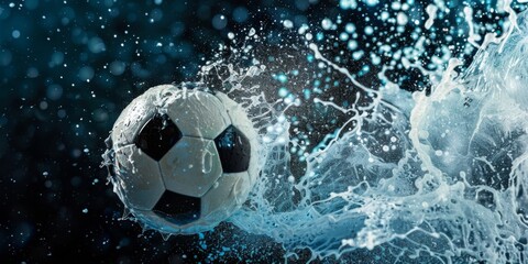 Dynamic splash of digital pixels around a soccer ball, ideal for sports blogs.