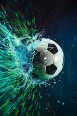 Dynamic splash of digital pixels around a soccer ball, ideal for sports blogs.