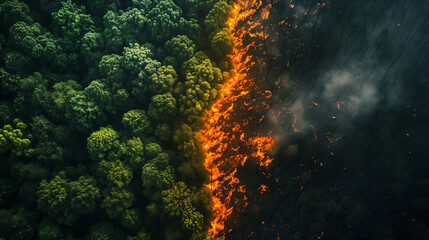 Fototapeta na wymiar Aerial view of a raging forest fire creating a stark line between lush greenery and scorched earth..