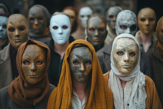 Group of people with obscured identities wearing varied blank masks in muted tones