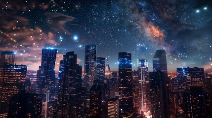 A modern cityscape illuminated by the dazzling lights of skyscrapers under a star-studded night sky.