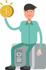 Male Character Sitting on Safe and Holding Dollar Coin
