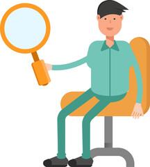 Male Character Sitting and Holding Magnifier
