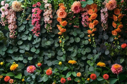 An enchanting full-frame image of a wall richly adorned with multicolored flowers and greenery
