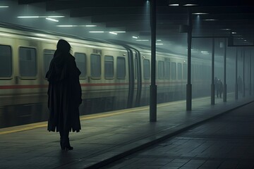 Enchanting misty railway station with girl in elegant coat walking on platform - obrazy, fototapety, plakaty
