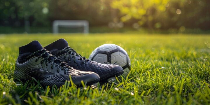 Pair of soccer boots and a ball on fresh grass, ready for kickoff.