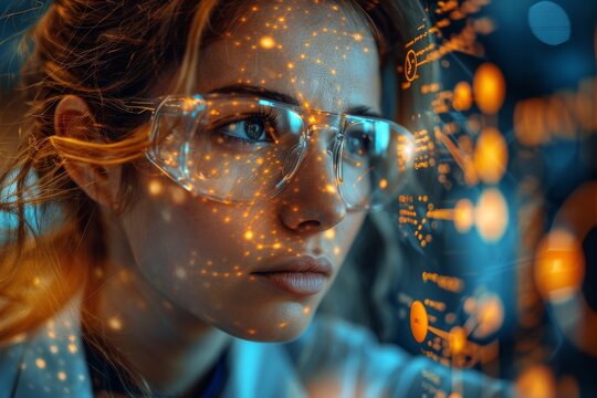 Close-up of a man's face with smart glasses showing a digital interface overlay, concept of future technology