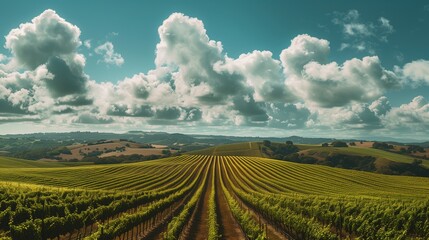 A panoramic view of rolling hills covered in vineyards under a patchwork of fluffy clouds.
