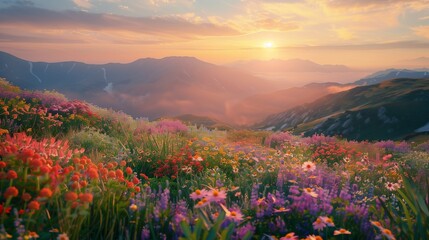 A patchwork of wildflowers stretching to the horizon, a kaleidoscope of colors painted by nature's hand.