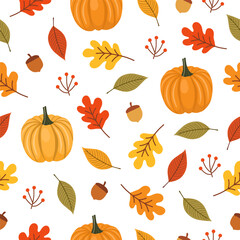 Seamless pattern with autumn Leaves, acorns and oak leaves for wallpaper, gift paper, pattern fills, textile, fall greeting cards.
