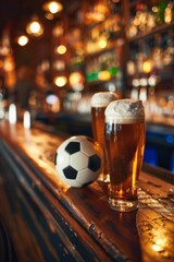 Soccer ball on a bar top with two frothy beers, match day special.