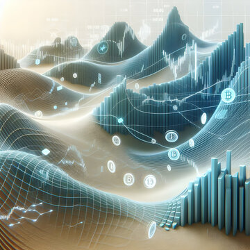 investment Crytocurrency concept Data Dunes- Sand dunes shaped like stock charts shifting with the wind with white background and digital innovation style