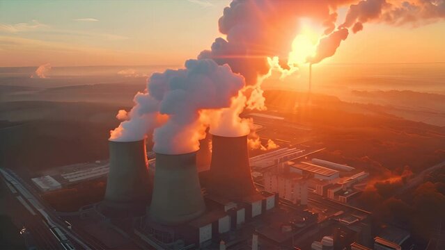 An aerial view of a nuclear power plant with a beautiful twilight landscape