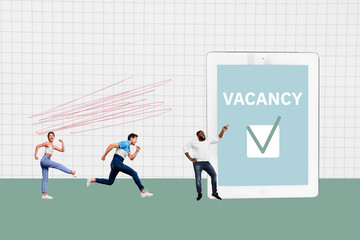 Composite collage picture image of internet online recruitment concept running candidates opened vacancy billboard comics zine minimal