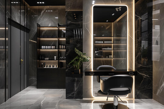 Modern and minimalist hair salon with gray marble walls, black accents, shelves filled with beauty products, warm lighting, a big mirror, three chairs for coloring heads, in the style of high resoluts